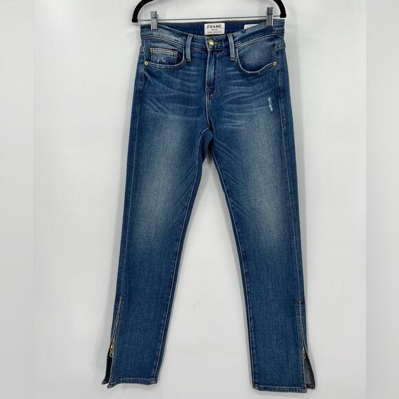 FRAME Le Boy Zip Hem Crop Jeans Ankle Picadilly Distressed Stretch Blue Size 26 - Picture 1 of 15